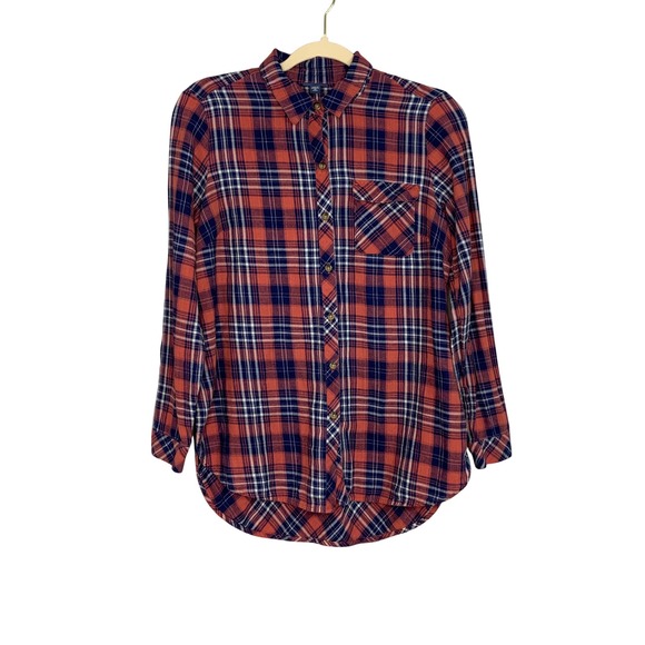 J.Jill Tops - J Jill Denim Women Petite Plaid Button Down Long Sleeve Shirt red Navy XSP